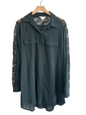 La Blanca Black Swim Coverup XL Beach Crochet Lace Coastal Cruise Tunic Shirt